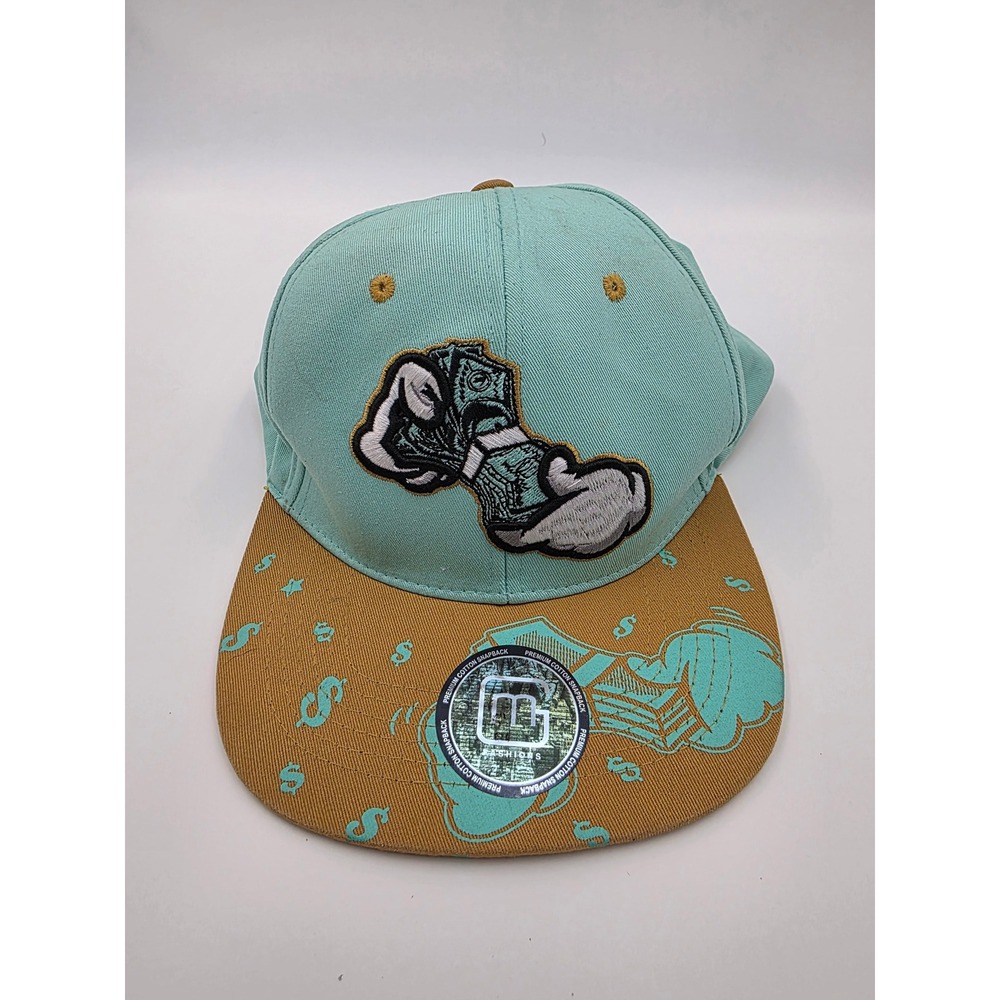 MG Fashions Money Cash Hands Snapback Hat Teal Tan Flat Brim Cotton Cap